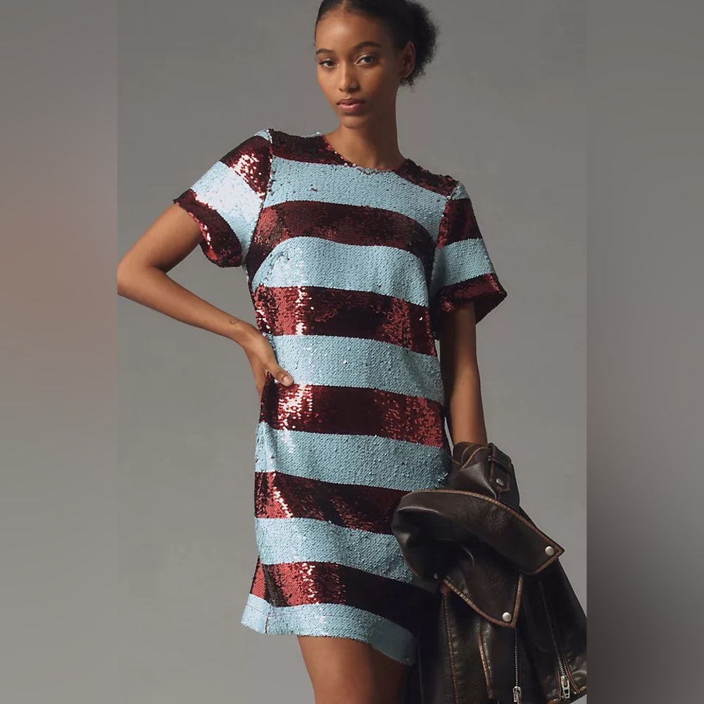maeve short sleeve sequin striped mini dress